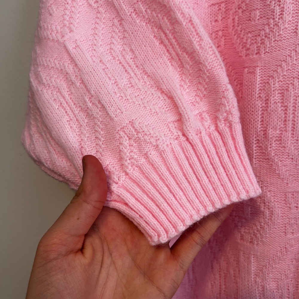 Vintage Stagelight Pink Geometric Textured Knit Elbow Sleeve Sweater Top USA - Picture 7 of 8